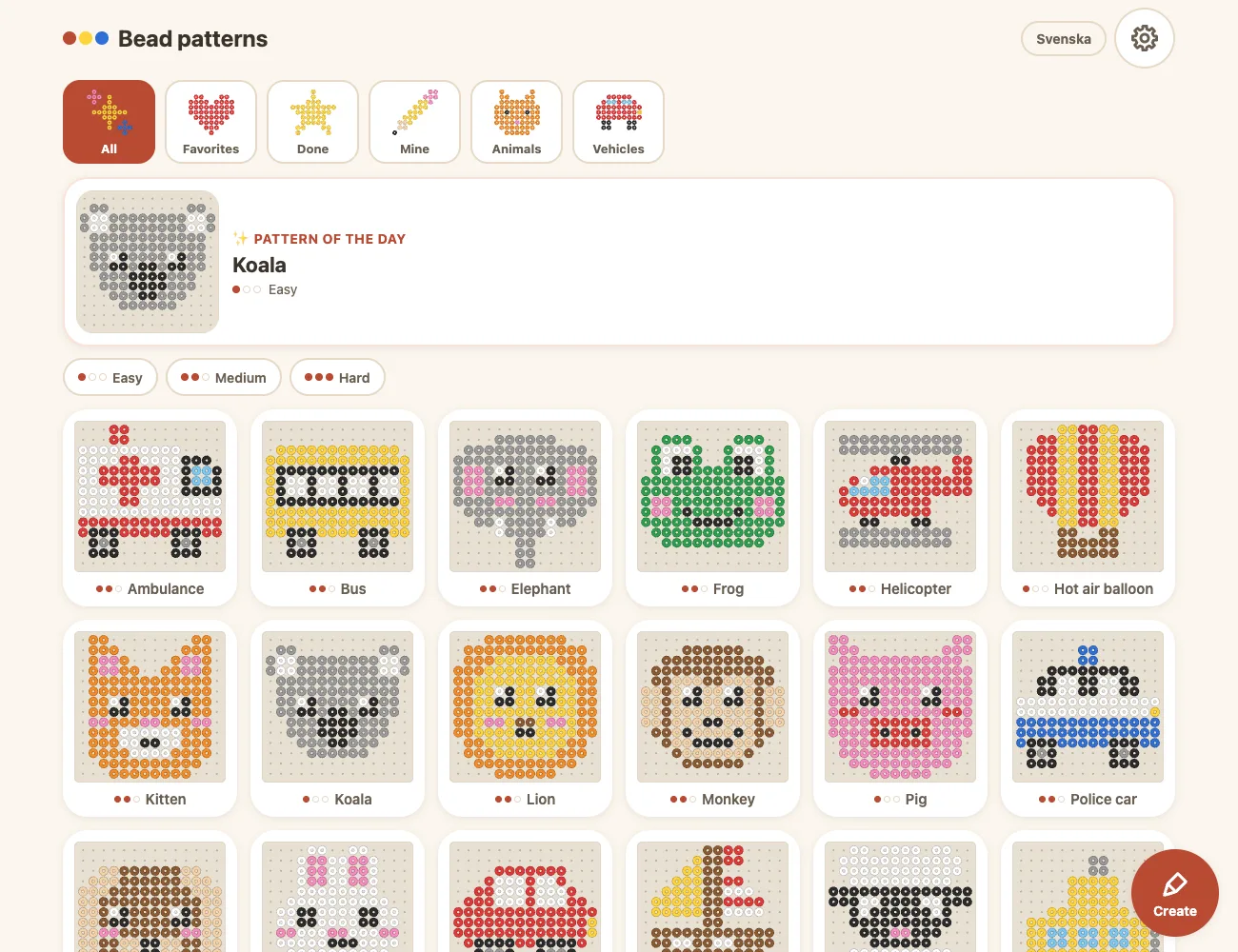 The library on a computer: the categories as small pegboards at the top, the pattern of the day and patterns such as the ambulance, the bus and the elephant