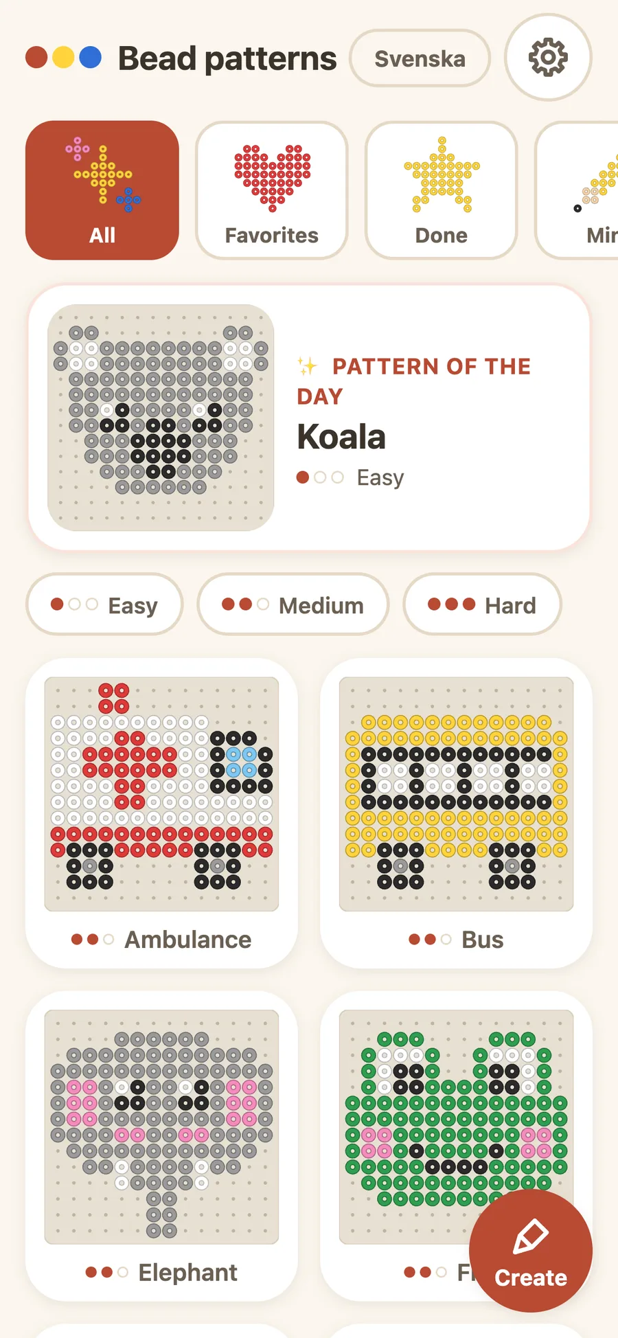 The library on a phone: the pattern of the day at the top, filters for easy, medium and hard, and the ambulance, bus and elephant patterns