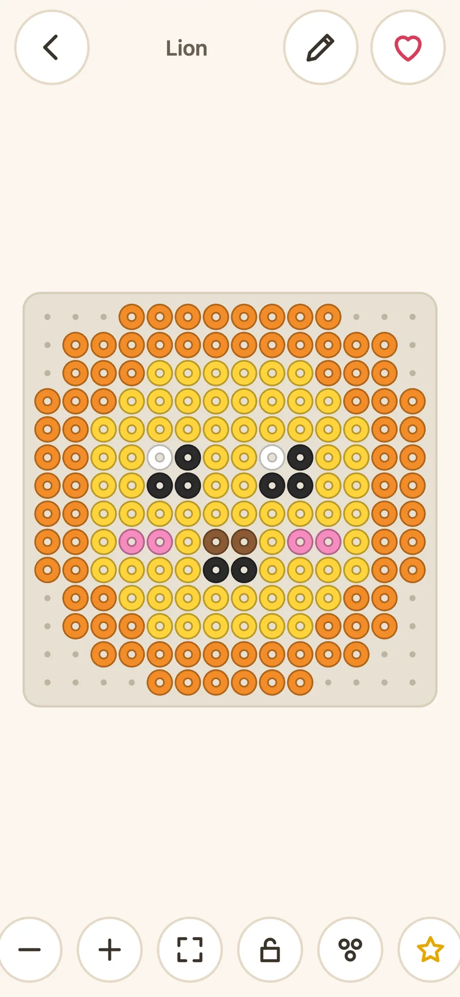 The Lion pattern open on a phone: an orange and yellow lion face on a square board, with buttons for zoom, lock, colors and a star at the bottom